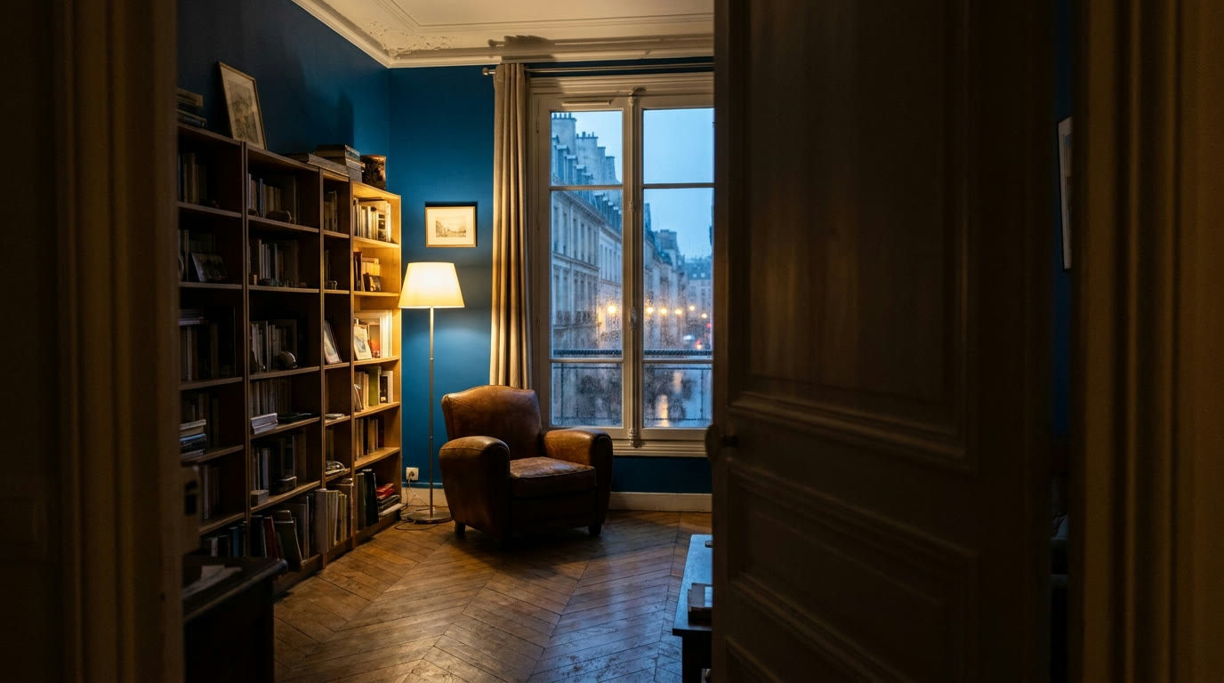 Appartement parisien moderne au crépuscule, vue depuis l'entrée